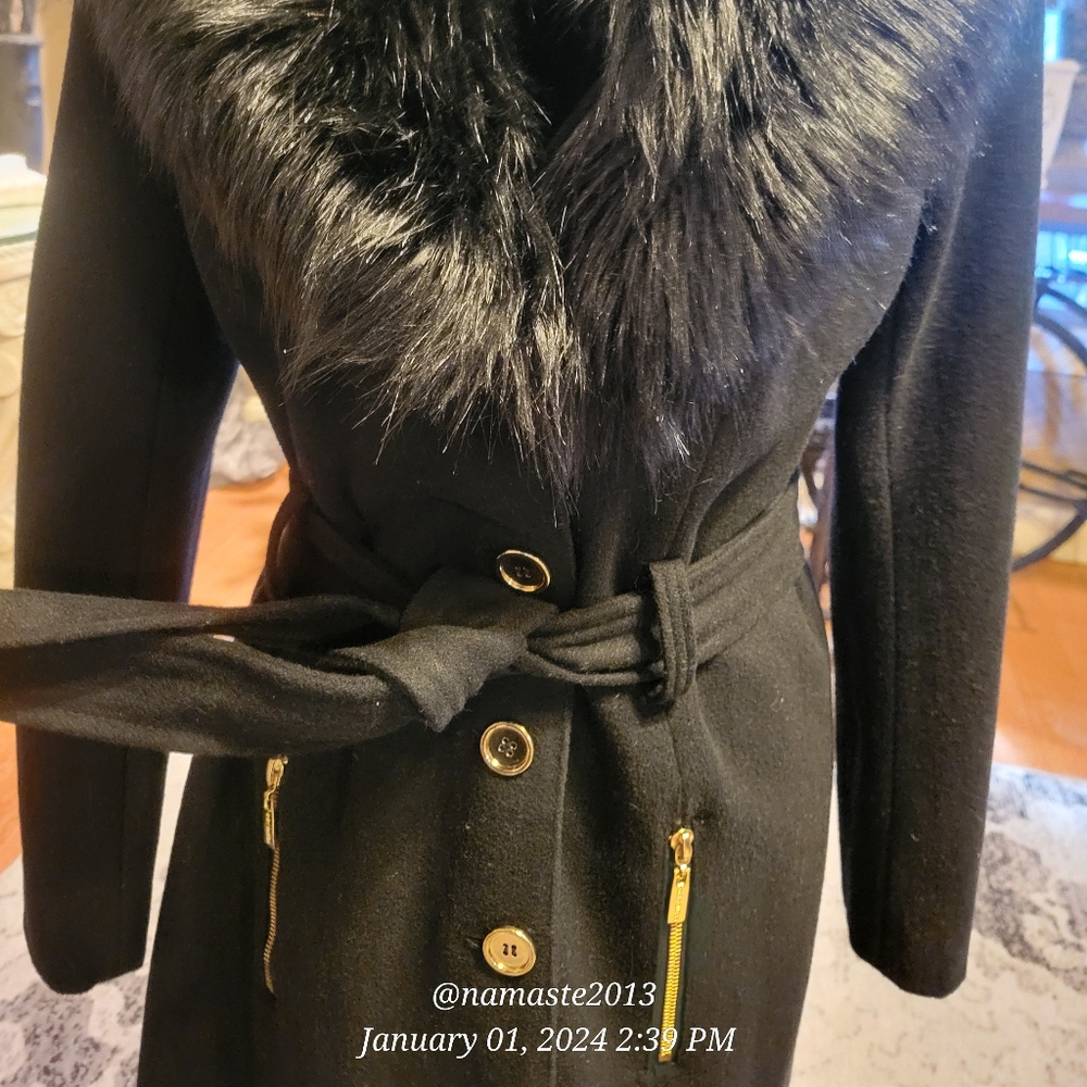 Guess Wool Blend Faux Fur Collar Pea Coat Luxury Designer Jacket Winter #677 - Picture 11 of 15
